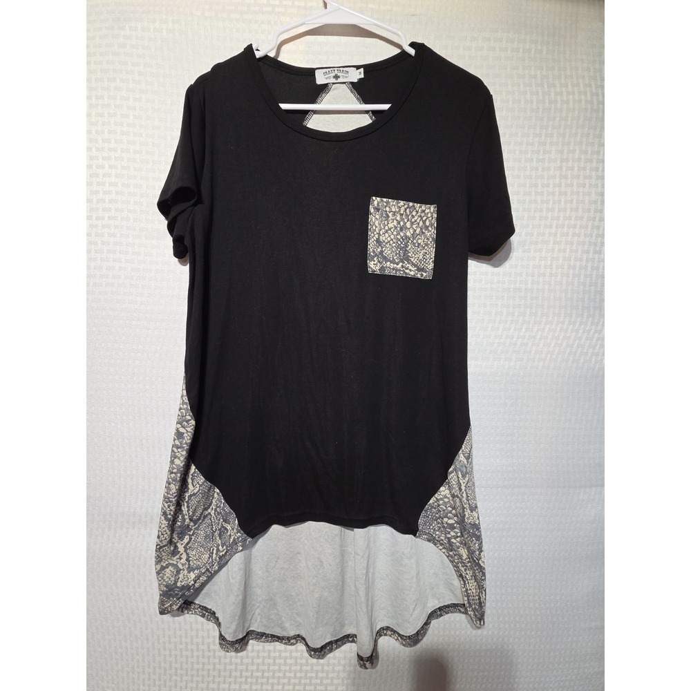 Crazy Train Women's Short Sleeve High-Low Tunic Top Black Gray Snakeskin...